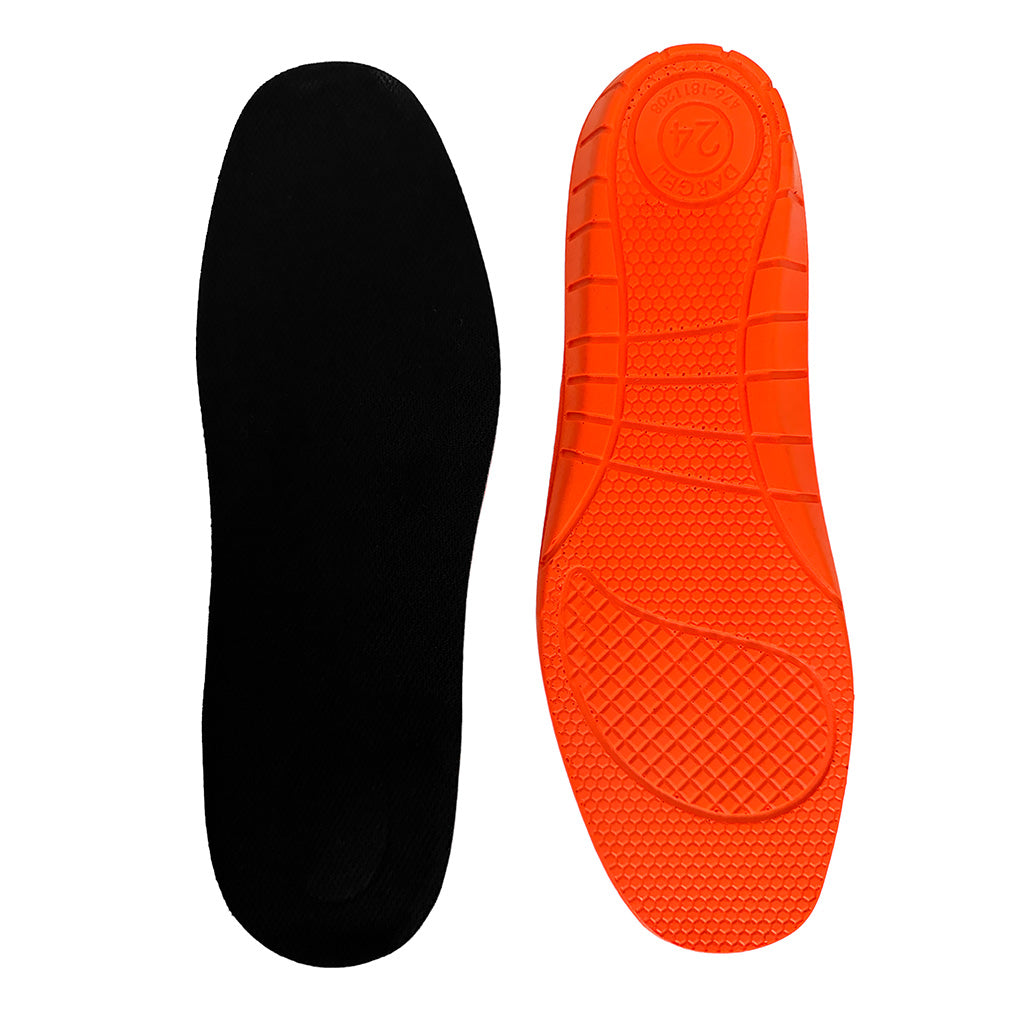 Par de plantillas para bota industrial para hombre en colores negro y naranja con relieve anatómico para mayor descanso.